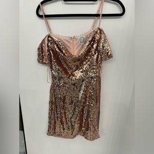 Rose gold sequin mini dress.
